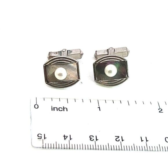Mikimoto Estate Akoya + Mother of Pearl Cufflinks 5.2 mm Sterling Silver M381 - Picture 6 of 6